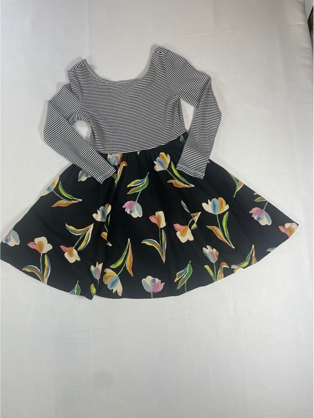 NWT Tea Collection Girls Black Floral Tulip Dress Long Sleeve Size 7 Y